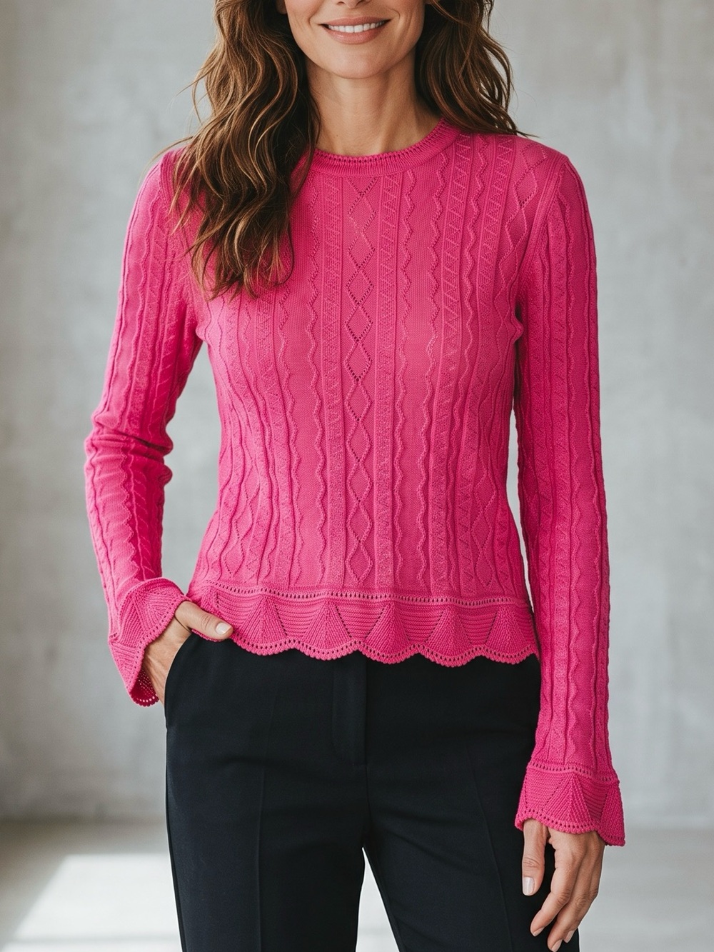 MISSONI Pointelle Pink Textured Crewneck Knit Sweater Flare Sleeves